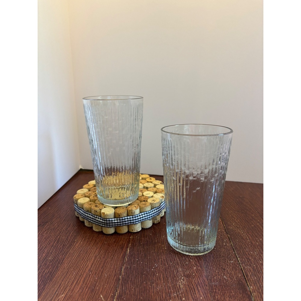 Vintage Textured Ribbed Bark Clear Glass Tumblers Set of 2 Iced Tea Glasses 6.5"